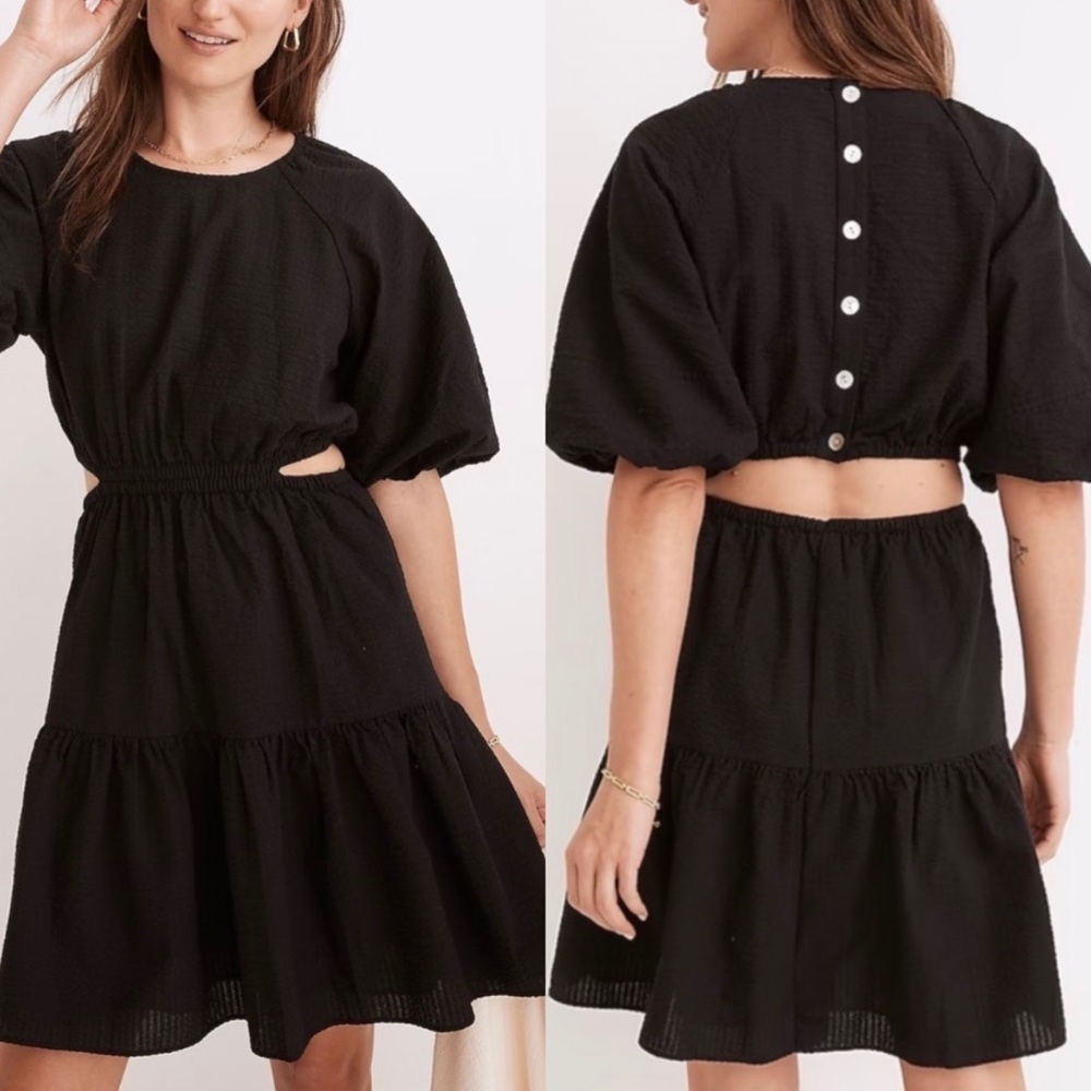 NWT Madewell Seersucker Puff-Sleeve Cutout Mini Dress in Black